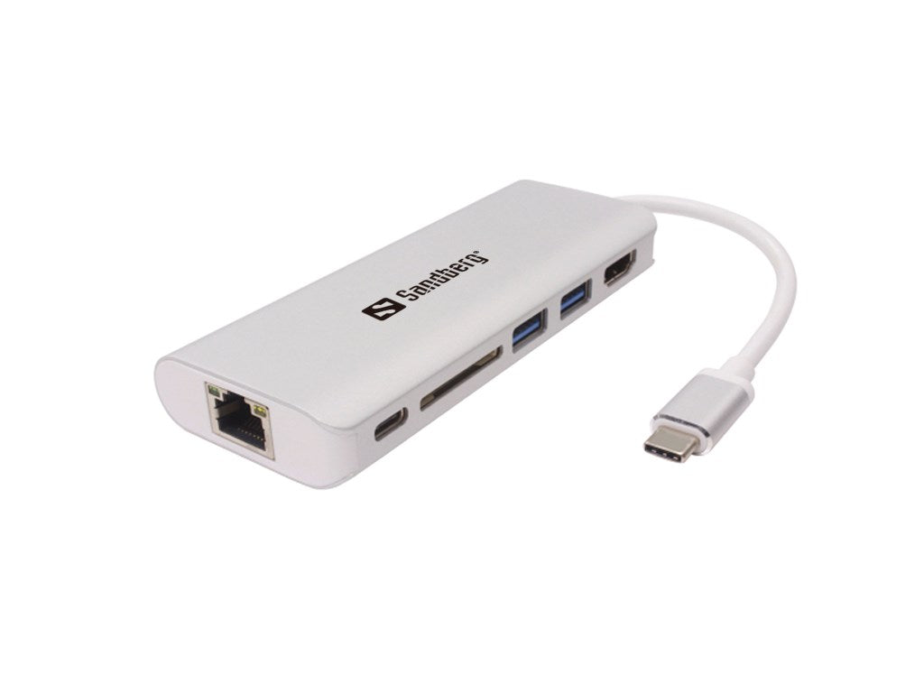 Sandberg USB-C Dock HDMI+LAN+SD+USB,61W, Hvid